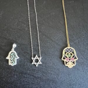 Jewish necklace pendants Hamsa Star of David sterling silver gold plated CZ stones