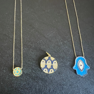 Hamsa pendant sterling silver gold plated Star of David CZ sapphire blue enamel