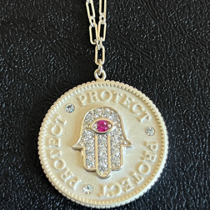 Hamsa pendant Jewish jewelry sterling silver gold plated red CZ stones protection