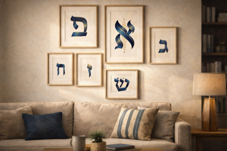 Modern living room interior displaying framed Hebrew letter art on the wall as stylish Jewish wall decor in a contemporary home
