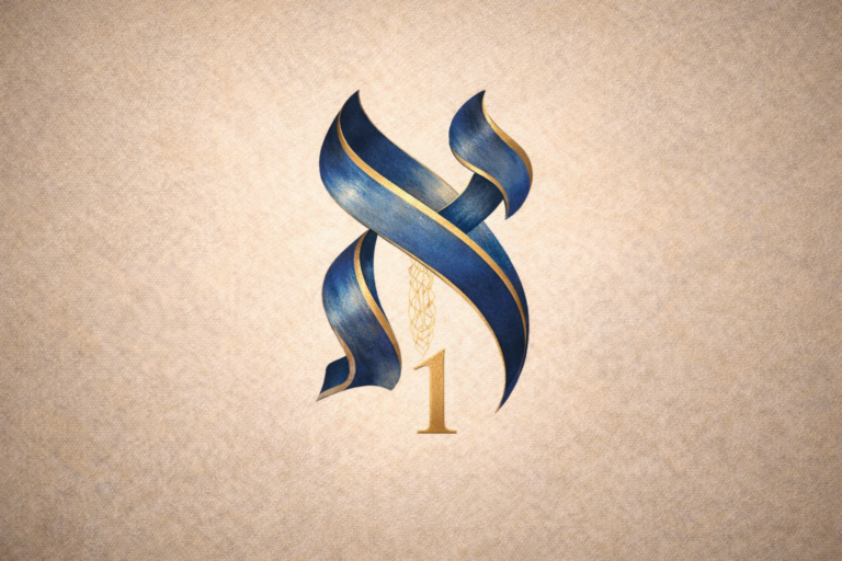 Blue and gold Aleph Hebrew letters art representing the number one in gematria on a soft beige background