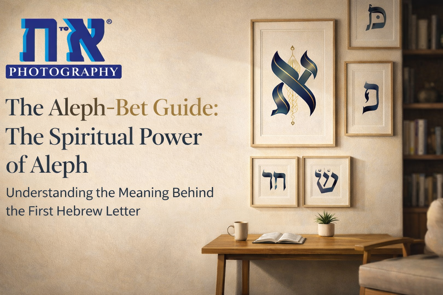 Modern Hebrew letters art featuring the Aleph in a minimalist gold frame.