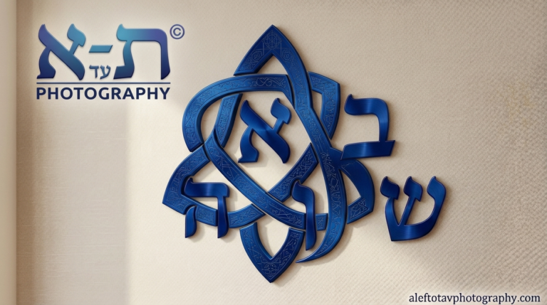 A frameless, complex installation of Modern Judaica Wall Art featuring interlocking blue metallic Hebrew letters in a sacred geometry pattern against a beige wall.