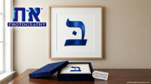 A luxury interior featuring modern judaica wall art of the Hebrew letter Bet (ב). The scene includes the Alef-to-Tav Photography logo and a navy velvet gift box showcasing the Bet meaning through high-end jewish art prints.