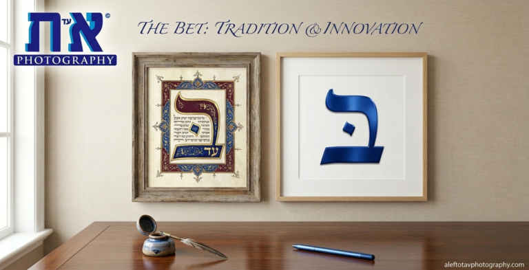 A side-by-side comparison of the Bet meaning in Hebrew art, featuring an ornate traditional biblical manuscript and a minimalist modern cobalt blue print. Both pieces are displayed in high-end wooden frames with the Alef-to-Tav Photography logo.