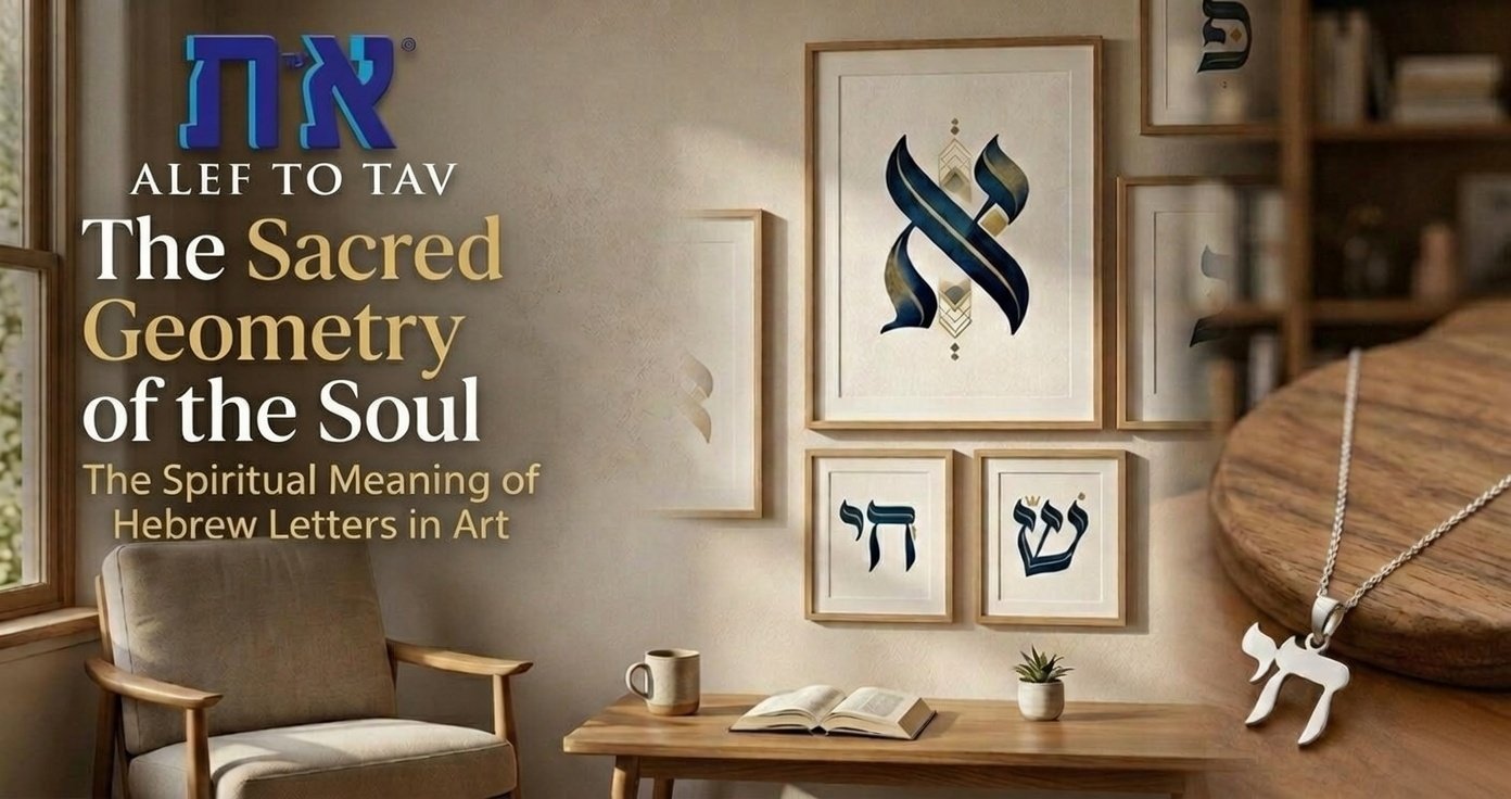 Modern Hebrew calligraphy wall art showing the letter Aleph with gold accents