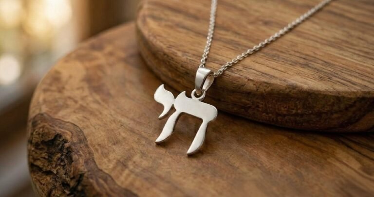 Spiritual meaning of Hebrew letters art showcased in a sterling silver Chai symbol necklace.