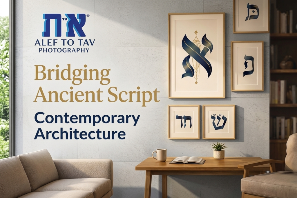 A photo of a modern living room featuring framed pieces of Modern Hebrew Letter Art on a concrete wall, presented by Alef To Tav Photography.