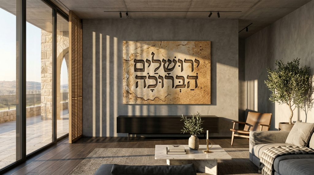 Jewish wall decor displayed on a minimalist concrete accent wall with high-fidelity stone and sand textures